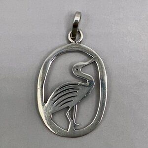 Stylized Wading Bird Pendant Sterling Silver Modern Design Open Work Oval Frame